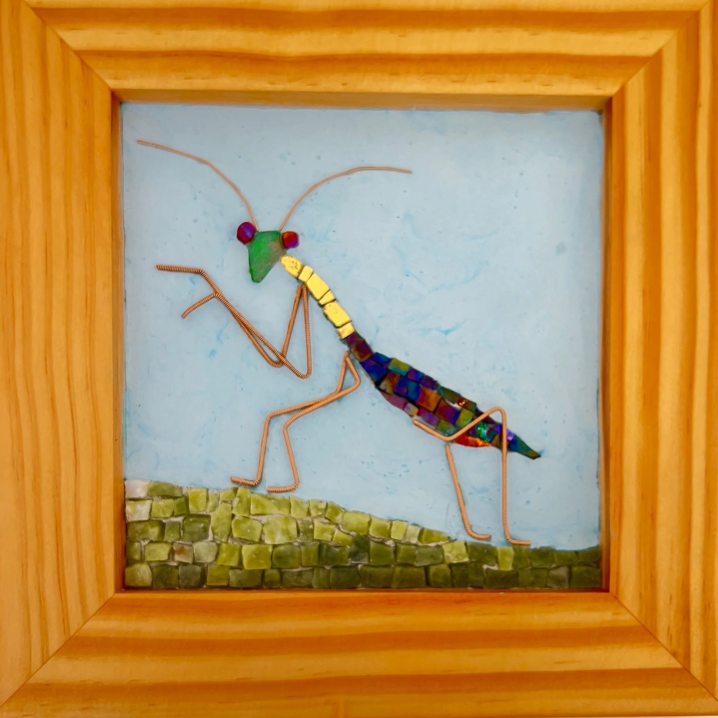Iridescent and gold praying mantis mosaic — Kimberly MacDonald Mosaics